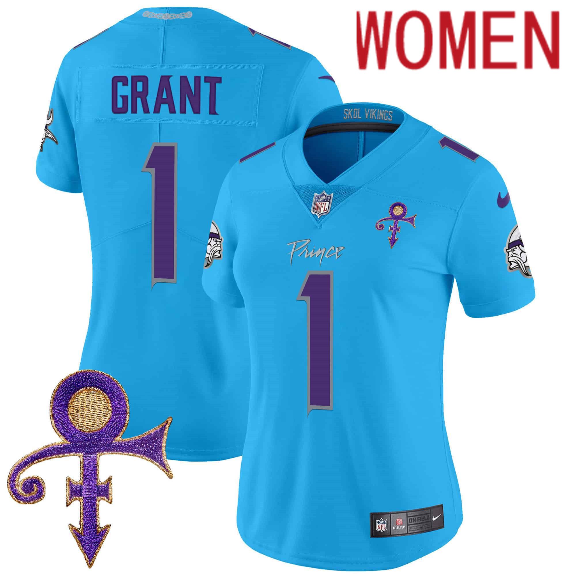 Women Minnesota Vikings #1 Grant Light Blue 2024 Nike Prince Vapor Limited NFL Jersey